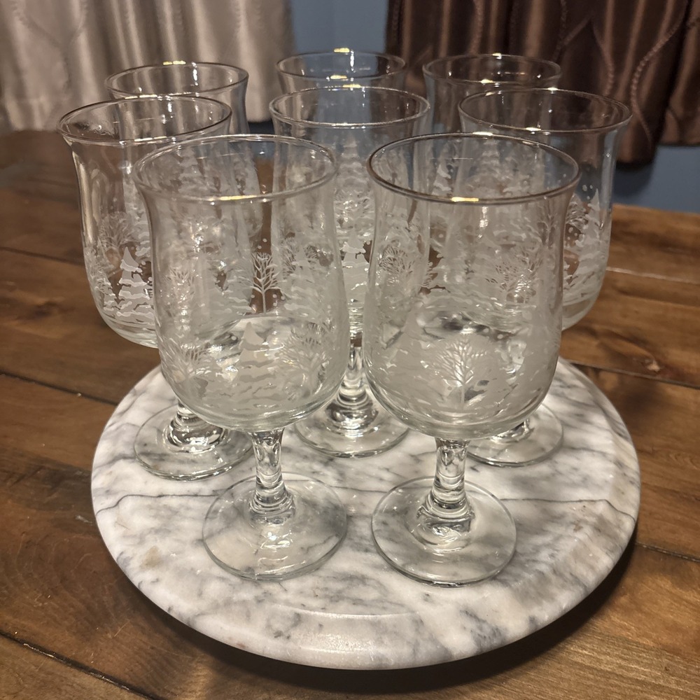 8pc VTG 80s Libbey Arby's Winter Christmas Wine Glass Water Goblet Gold Rim
